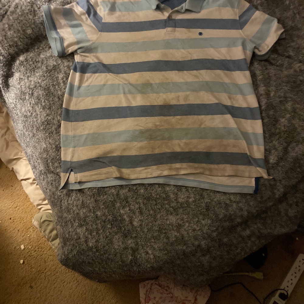 Baby blue and dark blue and white striped polo